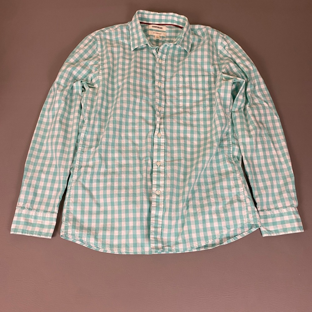 Goodthreads Button Down Shirt Mens Large Slim Fit Gingham Check Aqua Green White